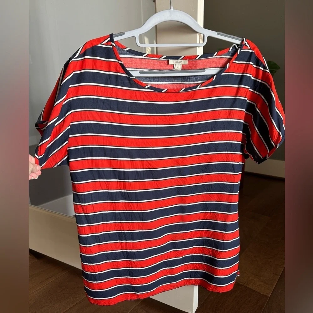 J. Crew Red and Blue Striped Silk Top 100% Silk